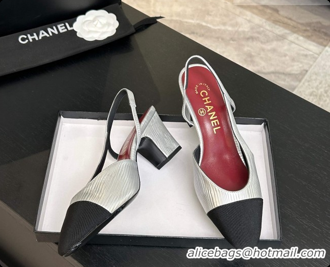 Luxurious Chanel Silver Leather Slingbacks Pump 6.5cm Heel CH072740 2026