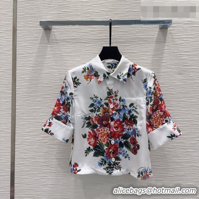 Best Product Dolce & Gabbana Printed Silk Short Shirt DG042302 White 2026