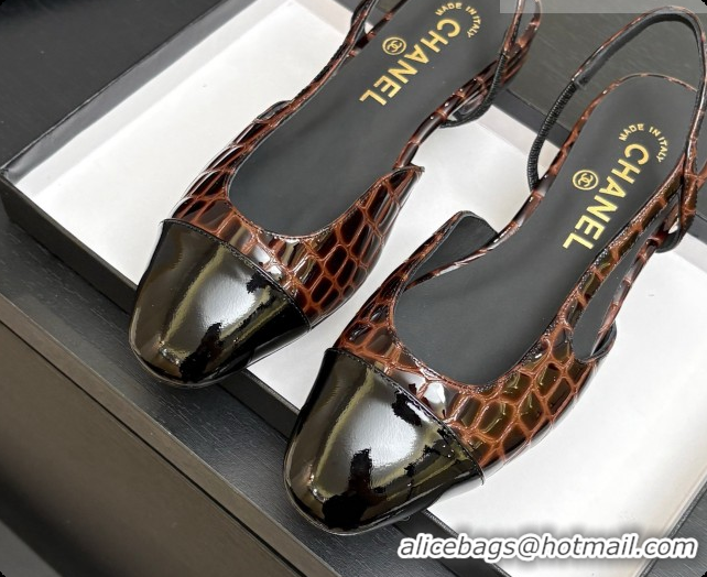 Unique Style Chanel Crocodile Pattern Calfskin & Patent Leather Slingbacks Flat CH072754 Dark Brown 2026