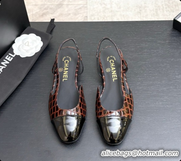 Unique Style Chanel Crocodile Pattern Calfskin & Patent Leather Slingbacks Flat CH072754 Dark Brown 2026
