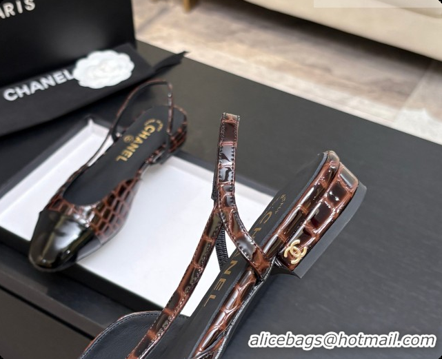 Unique Style Chanel Crocodile Pattern Calfskin & Patent Leather Slingbacks Flat CH072754 Dark Brown 2026