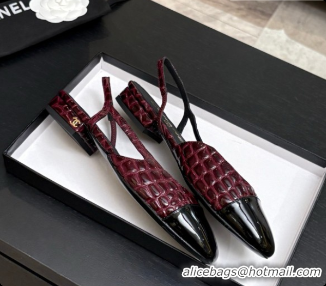 Shop Duplicate Chanel Crocodile Pattern Calfskin & Patent Leather Slingbacks Flat CH072755 Burgundy 2026