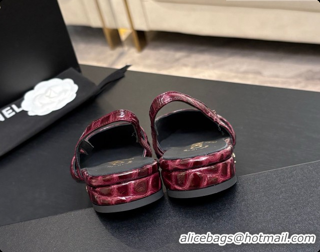 Shop Duplicate Chanel Crocodile Pattern Calfskin & Patent Leather Slingbacks Flat CH072755 Burgundy 2026