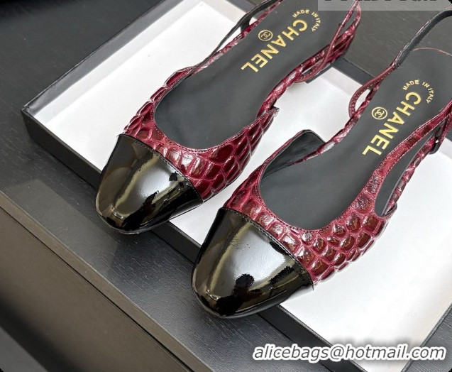 Shop Duplicate Chanel Crocodile Pattern Calfskin & Patent Leather Slingbacks Flat CH072755 Burgundy 2026