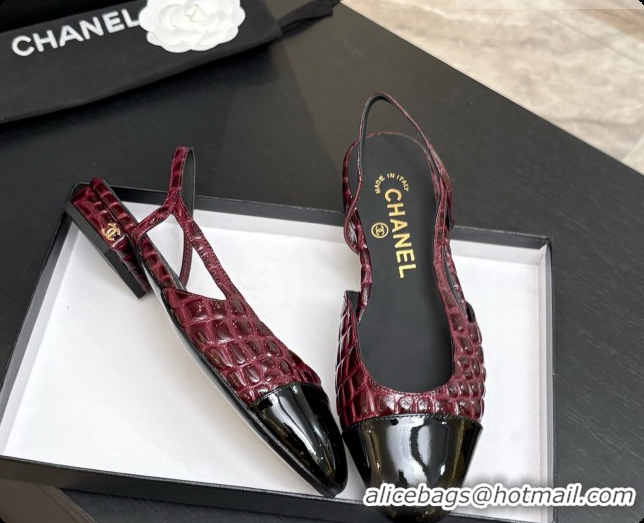 Shop Duplicate Chanel Crocodile Pattern Calfskin & Patent Leather Slingbacks Flat CH072755 Burgundy 2026