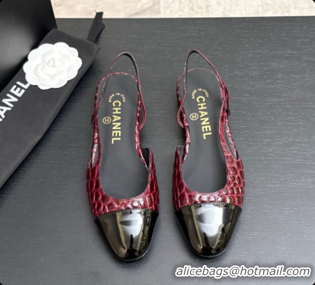 Shop Duplicate Chanel Crocodile Pattern Calfskin & Patent Leather Slingbacks Flat CH072755 Burgundy 2026
