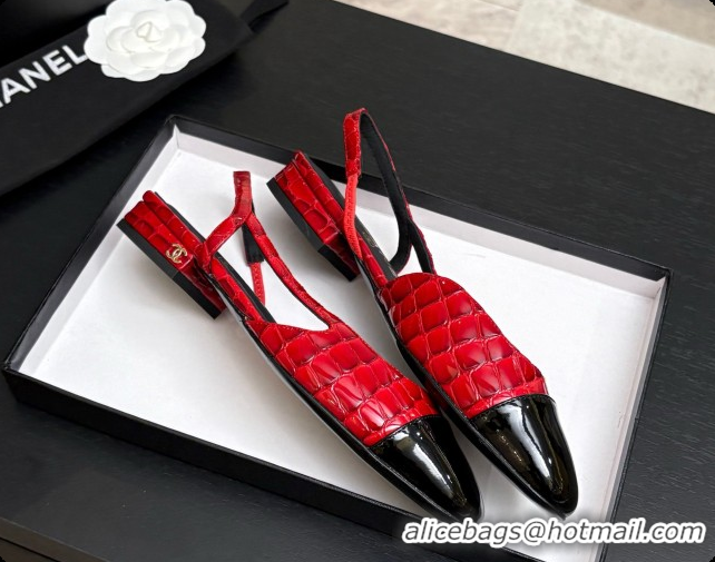 1:1 aaaaa Chanel Crocodile Pattern Calfskin & Patent Leather Slingbacks Flat CH072756 Red 2026