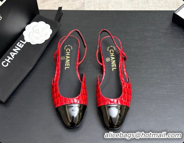 1:1 aaaaa Chanel Crocodile Pattern Calfskin & Patent Leather Slingbacks Flat CH072756 Red 2026