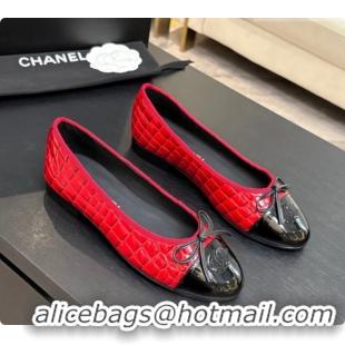 Popular Style Chanel Crocodile Pattern Calfskin & Patent Leather Ballet Flat G02819 Red 2026