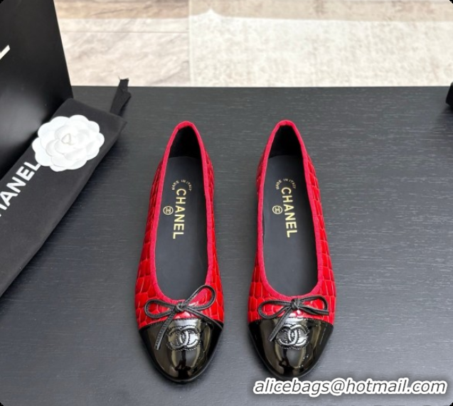 Popular Style Chanel Crocodile Pattern Calfskin & Patent Leather Ballet Flat G02819 Red 2026