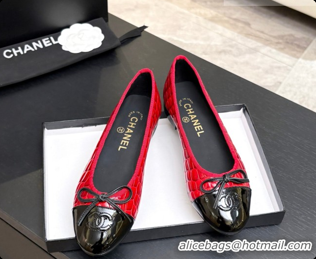 Popular Style Chanel Crocodile Pattern Calfskin & Patent Leather Ballet Flat G02819 Red 2026