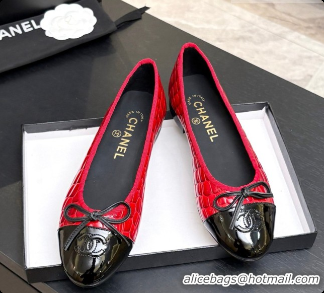 Popular Style Chanel Crocodile Pattern Calfskin & Patent Leather Ballet Flat G02819 Red 2026