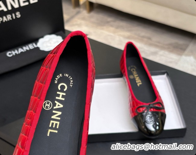 Popular Style Chanel Crocodile Pattern Calfskin & Patent Leather Ballet Flat G02819 Red 2026