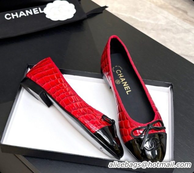 Popular Style Chanel Crocodile Pattern Calfskin & Patent Leather Ballet Flat G02819 Red 2026