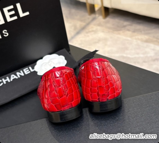 Popular Style Chanel Crocodile Pattern Calfskin & Patent Leather Ballet Flat G02819 Red 2026