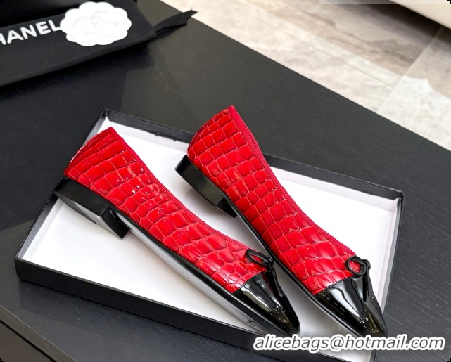 Popular Style Chanel Crocodile Pattern Calfskin & Patent Leather Ballet Flat G02819 Red 2026