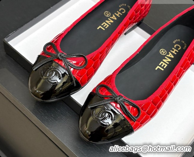 Popular Style Chanel Crocodile Pattern Calfskin & Patent Leather Ballet Flat G02819 Red 2026