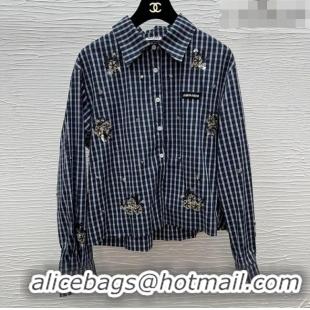Top Design Miu Miu Plaid Shirt with Sequins and Beads 0323 Dark Blue 2026