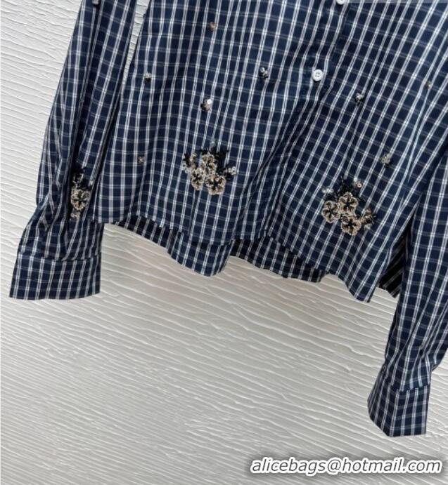 Top Design Miu Miu Plaid Shirt with Sequins and Beads 0323 Dark Blue 2026