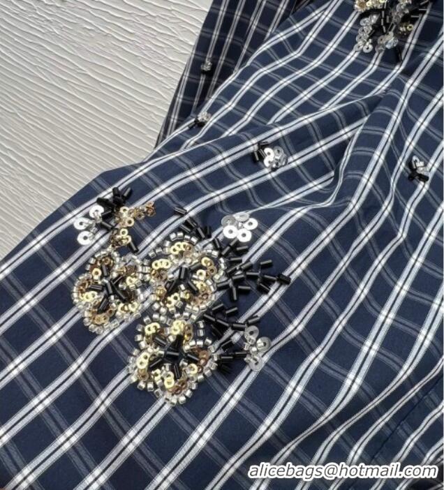 Top Design Miu Miu Plaid Shirt with Sequins and Beads 0323 Dark Blue 2026