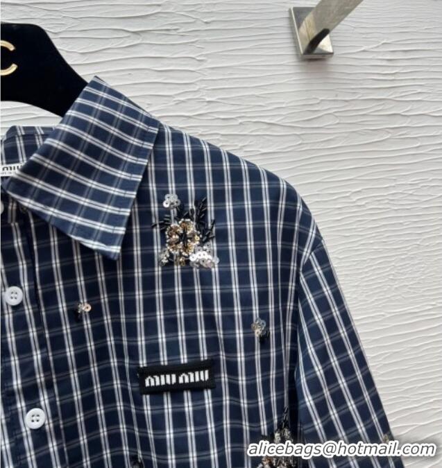 Top Design Miu Miu Plaid Shirt with Sequins and Beads 0323 Dark Blue 2026