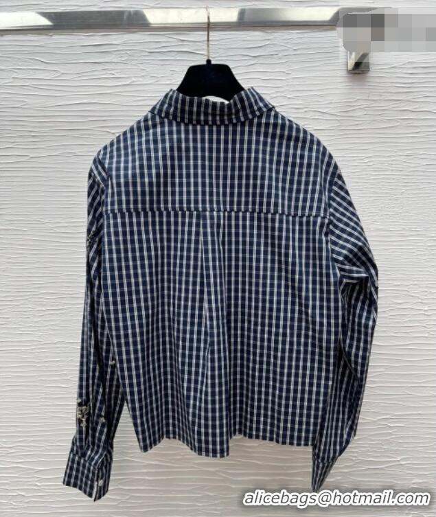 Top Design Miu Miu Plaid Shirt with Sequins and Beads 0323 Dark Blue 2026