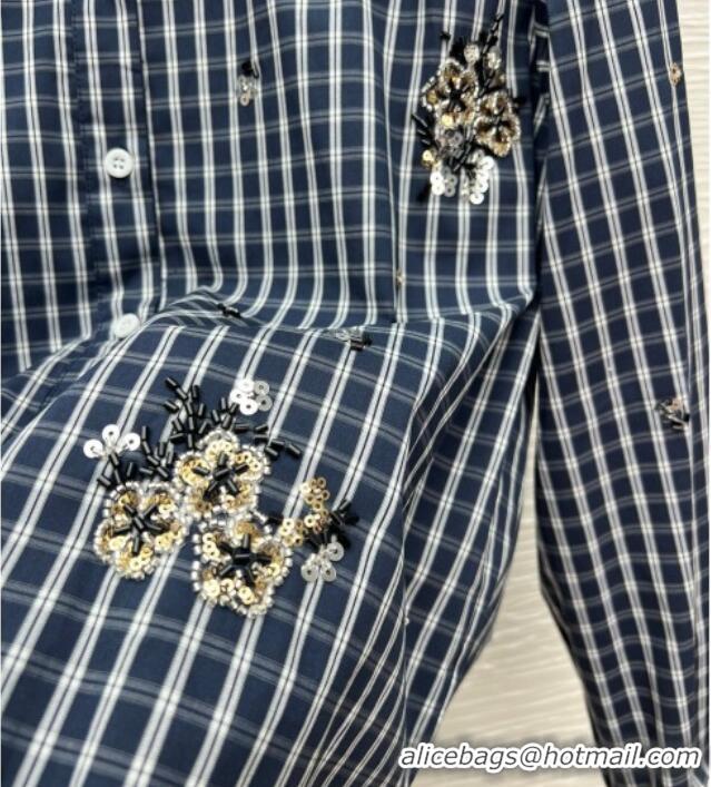 Top Design Miu Miu Plaid Shirt with Sequins and Beads 0323 Dark Blue 2026