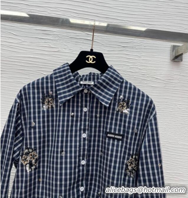 Top Design Miu Miu Plaid Shirt with Sequins and Beads 0323 Dark Blue 2026