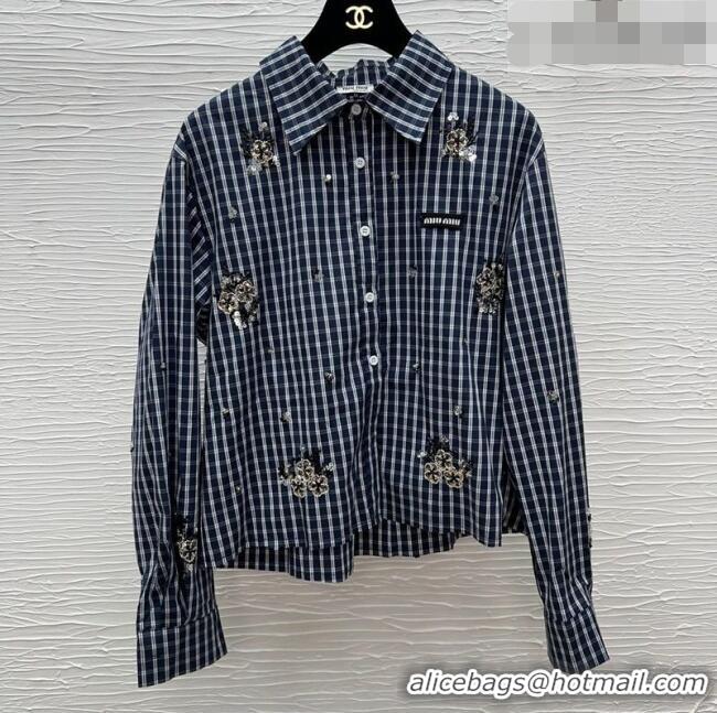 Top Design Miu Miu Plaid Shirt with Sequins and Beads 0323 Dark Blue 2026