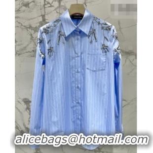 Top Quality Miu Miu Striped Cotton Shirt with Strass Charm 0421 Blue 2026