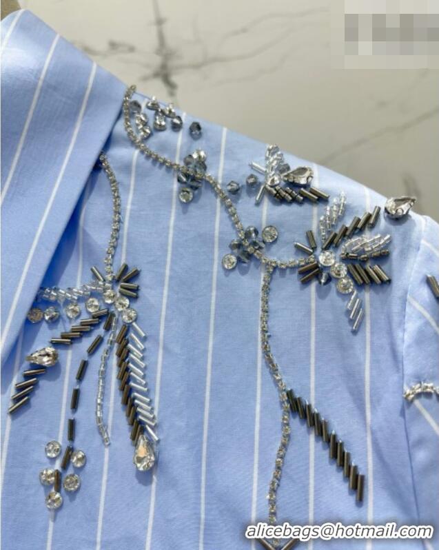 Top Quality Miu Miu Striped Cotton Shirt with Strass Charm 0421 Blue 2026