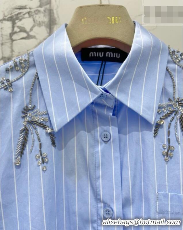 Top Quality Miu Miu Striped Cotton Shirt with Strass Charm 0421 Blue 2026