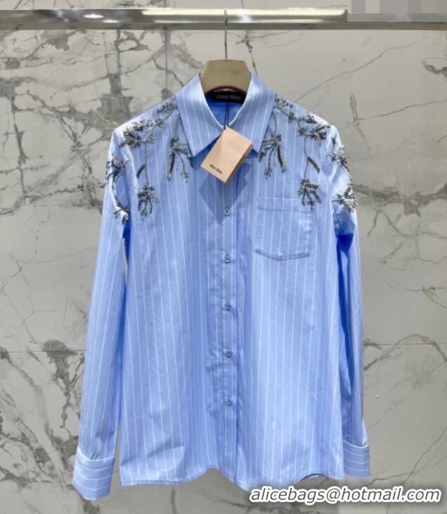 Top Quality Miu Miu Striped Cotton Shirt with Strass Charm 0421 Blue 2026