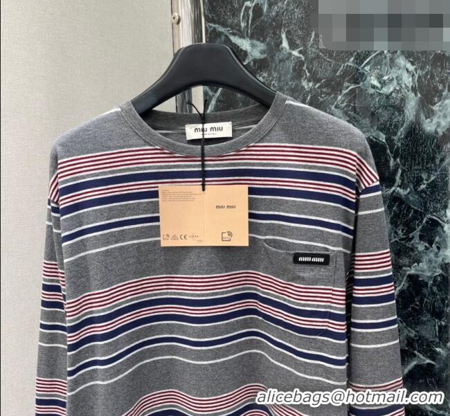Luxury Cheap Miu Miu Cotton Striped T-Shirt 0421 Grey/Pink 2026