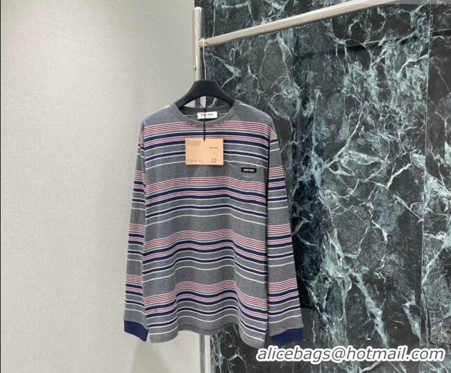 Luxury Cheap Miu Miu Cotton Striped T-Shirt 0421 Grey/Pink 2026