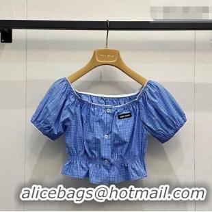 Luxury Cheap Miu Miu Cotton Plaid Short Shirt MM042010 Blue 2026