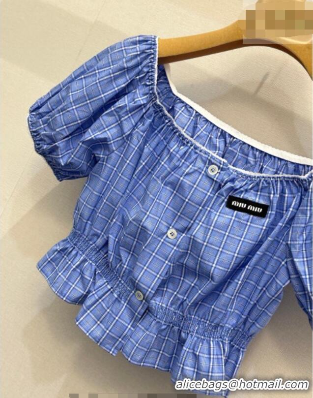 Luxury Cheap Miu Miu Cotton Plaid Short Shirt MM042010 Blue 2026