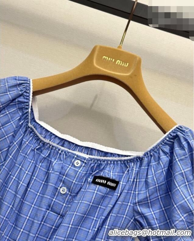 Best Price Miu Miu Cotton Plaid Short Dress MM042010 Blue 2026
