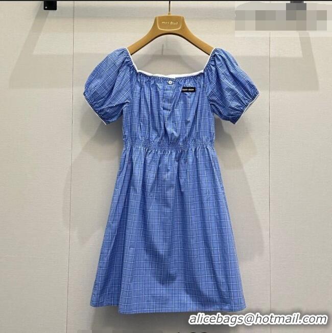 Best Price Miu Miu Cotton Plaid Short Dress MM042010 Blue 2026