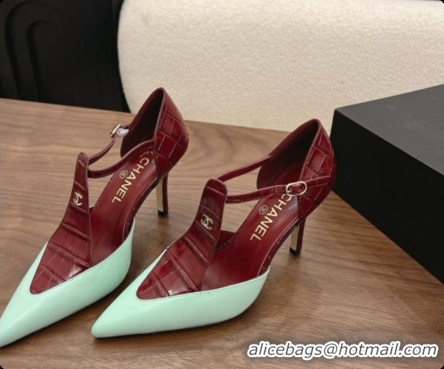 Most Popular Chanel Crocodile Embossed Patent Calfskin & Lambskin Mary Janes 8.5cm Heel Burgundy & Green 072847 2026