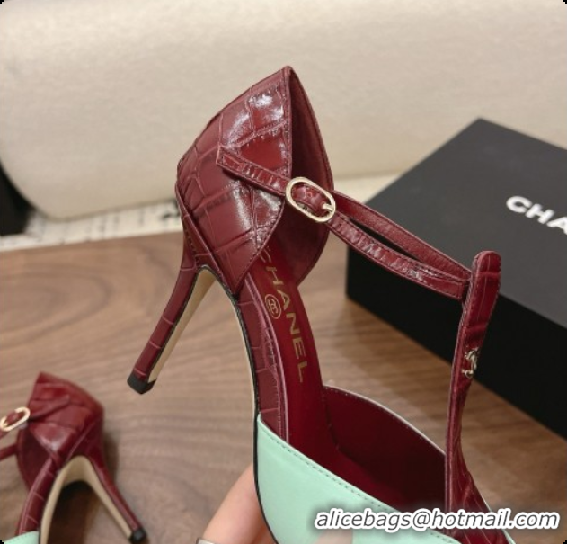 Most Popular Chanel Crocodile Embossed Patent Calfskin & Lambskin Mary Janes 8.5cm Heel Burgundy & Green 072847 2026