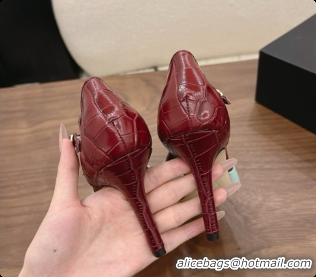 Most Popular Chanel Crocodile Embossed Patent Calfskin & Lambskin Mary Janes 8.5cm Heel Burgundy & Green 072847 2026