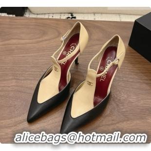 Good Quality Chanel Leather Mary Janes 8.5cm Heel Black/Beige 072849