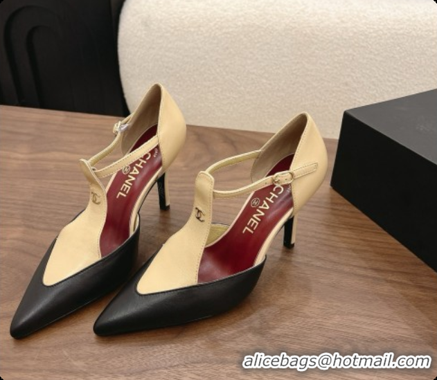 Good Quality Chanel Leather Mary Janes 8.5cm Heel Black/Beige 072849