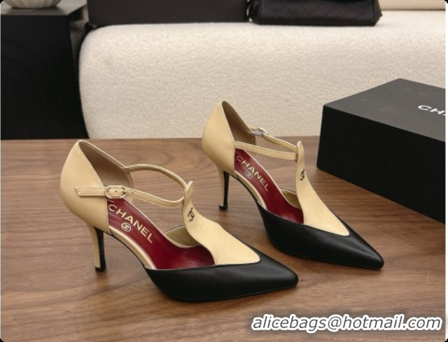 Good Quality Chanel Leather Mary Janes 8.5cm Heel Black/Beige 072849