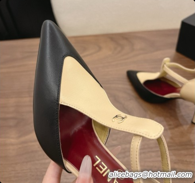 Good Quality Chanel Leather Mary Janes 8.5cm Heel Black/Beige 072849