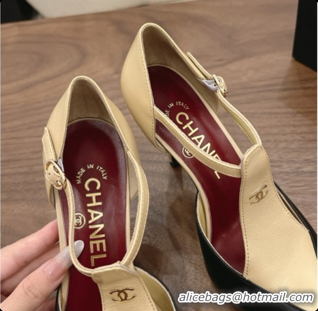 Good Quality Chanel Leather Mary Janes 8.5cm Heel Black/Beige 072849