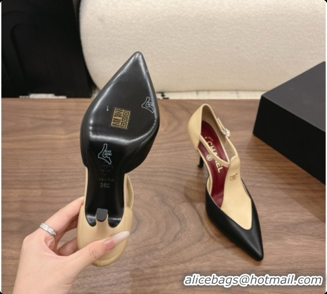 Good Quality Chanel Leather Mary Janes 8.5cm Heel Black/Beige 072849