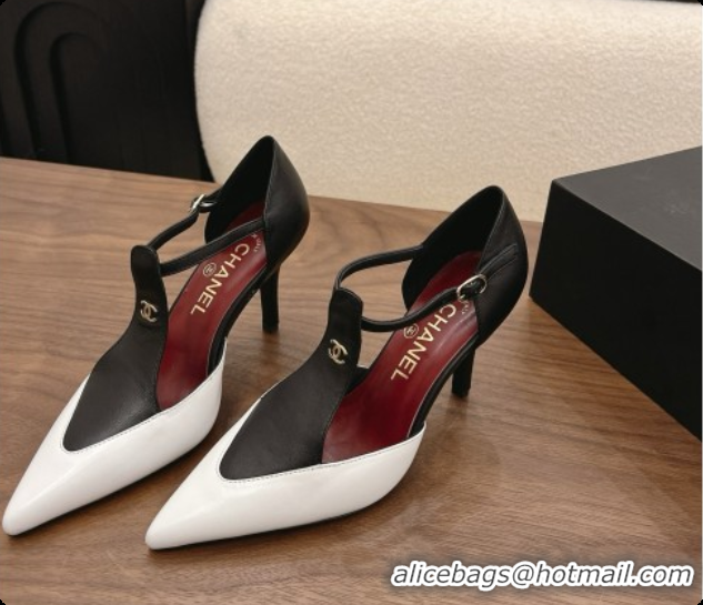 Stylish Chanel Leather Mary Janes 8.5cm Heel White/Black 1072850
