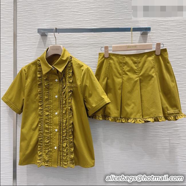 Good Product Miu Miu Ruffled Cotton Shirt and Mini Skirt Set MM042302 Green 2026